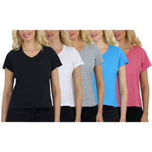 A collection of five women's V-neck T-shirts in black, white, gray, blue, and pink colors. Each shirt has short sleeves and a simple, classic design.