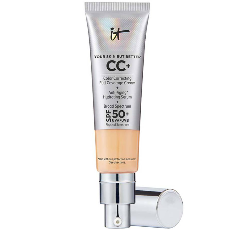 It Cosmetics Your Skin But Better CC+ Cream offers full coverage, color correction, anti-aging hydrating serum, and SPF 50+ UVA/UVB physical sunscreen in a squeeze tube with a pump dispenser.