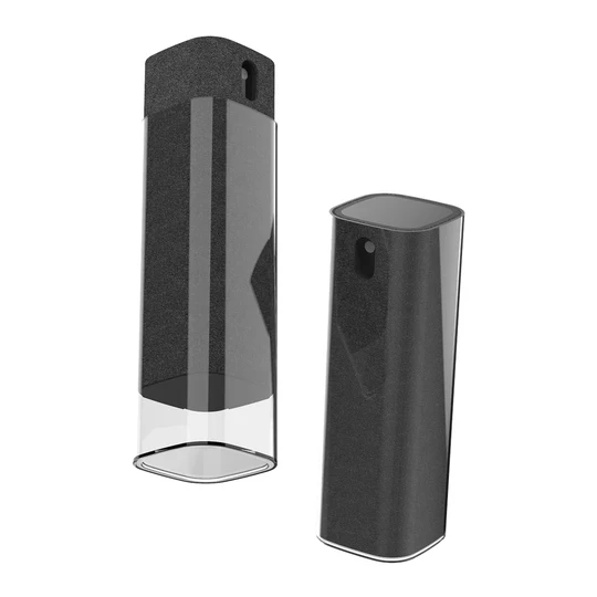 Two cylindrical spray bottles with transparent bases, one displaying a built-in microfiber cloth along the side, designed for cleaning and disinfecting surfaces.