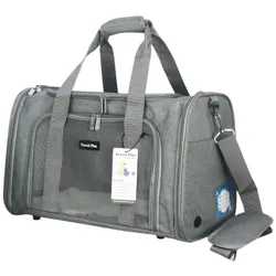 Gray pet carrier with mesh panels, handles, and a shoulder strap.
