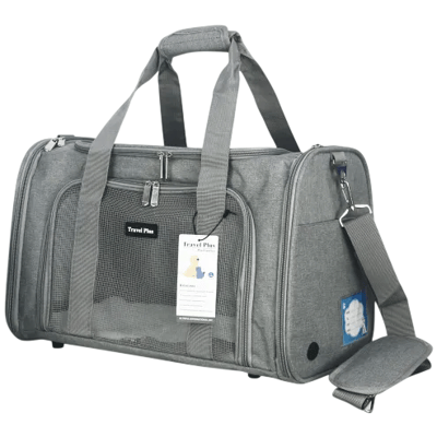 Gray pet carrier with mesh panels, handles, and a shoulder strap.