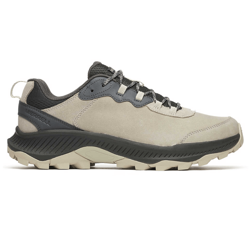 Merrell hiking shoe in beige with black accents, featuring robust lacing and a lugged sole for enhanced traction.