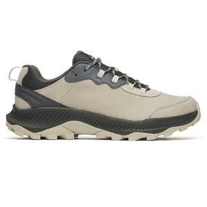 Merrell hiking shoe in beige with black accents, featuring robust lacing and a lugged sole for enhanced traction.