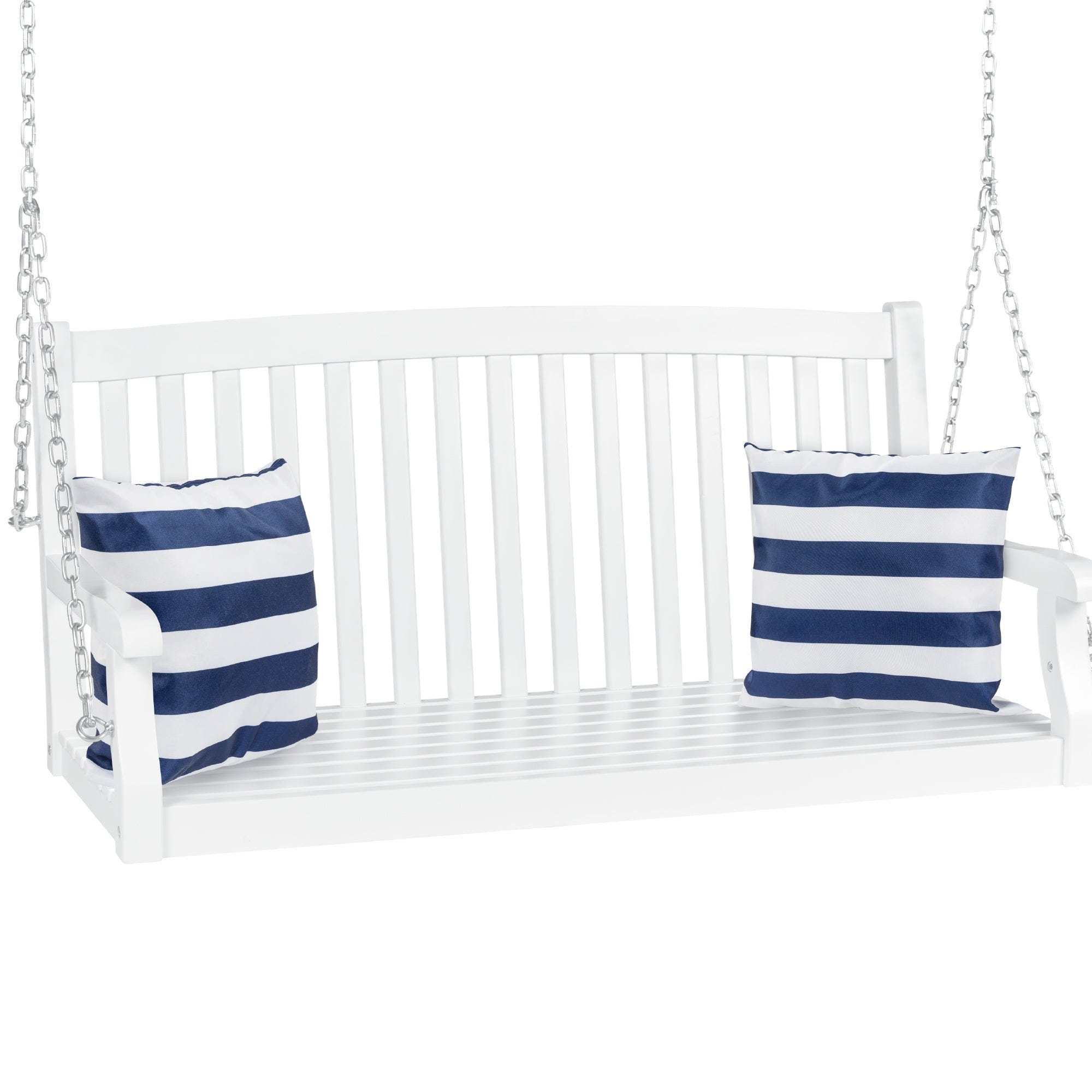 A white wooden porch swing with a slatted back and seat, suspended by metal chains, is adorned with two blue and white striped cushions.