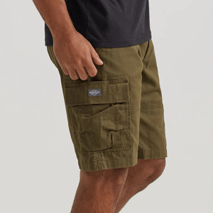 Olive green cargo shorts with a logo patch on the side pocket.