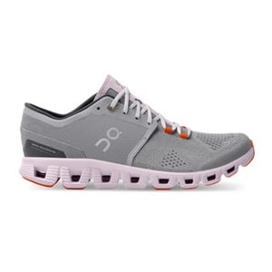 The On Running Cloud X2 Shoes are lightweight athletic shoes featuring a breathable grey mesh upper, cushioned pink midsole with unique cloud-like pods for impact absorption, and orange accents. Designed for versatile performance and comfort.