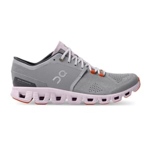 The On Running Cloud X2 Shoes are lightweight athletic shoes featuring a breathable grey mesh upper, cushioned pink midsole with unique cloud-like pods for impact absorption, and orange accents. Designed for versatile performance and comfort.