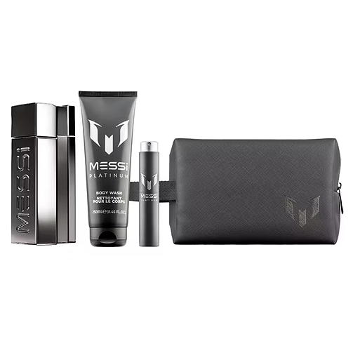 A set of men's grooming products featuring a cologne, body wash, and a spray, all branded with \“Messi Platinum,\“ alongside a textured black toiletry bag.