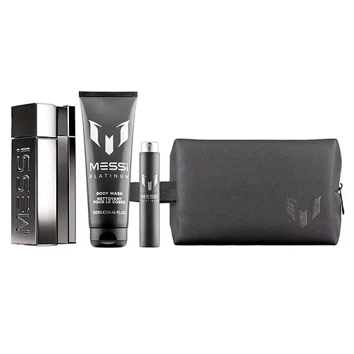 A set of men's grooming products featuring a cologne, body wash, and a spray, all branded with \“Messi Platinum,\“ alongside a textured black toiletry bag.