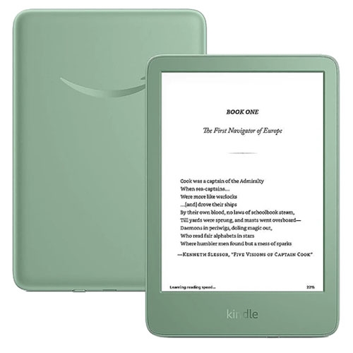 A green Kindle e-reader displays text on its screen, with another view showing the back.