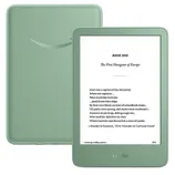 A green Kindle e-reader displays text on its screen, with another view showing the back.