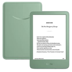 A green Kindle e-reader displays text on its screen, with another view showing the back.
