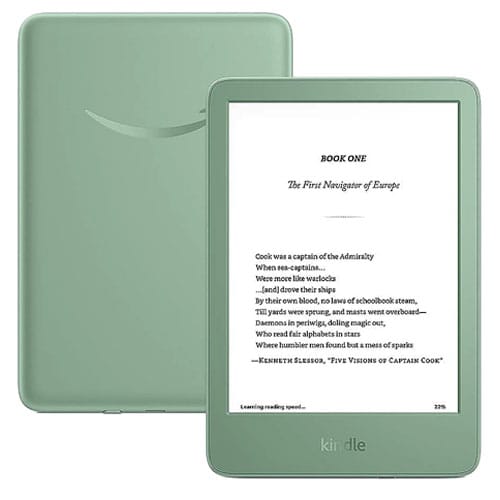 A green Kindle e-reader displays text on its screen, with another view showing the back.