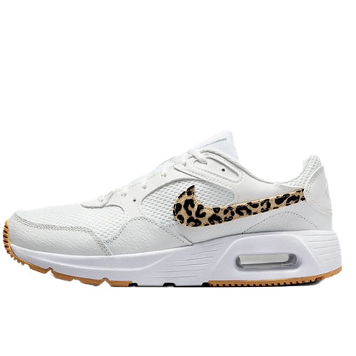 Nike Air Max SC Shoes feature a white mesh and leather upper with a leopard print Swoosh, a cushioned midsole with visible Air Max unit, and a gum-colored outsole for added style and comfort.