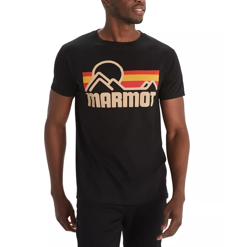 Black T-shirt featuring the Marmot logo with a retro mountain and sunset design in red, orange, and beige hues.
