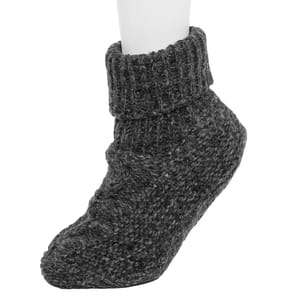 Dark gray, knit ankle slipper socks with a cuff, featuring a warm, plush Sherpa lining.