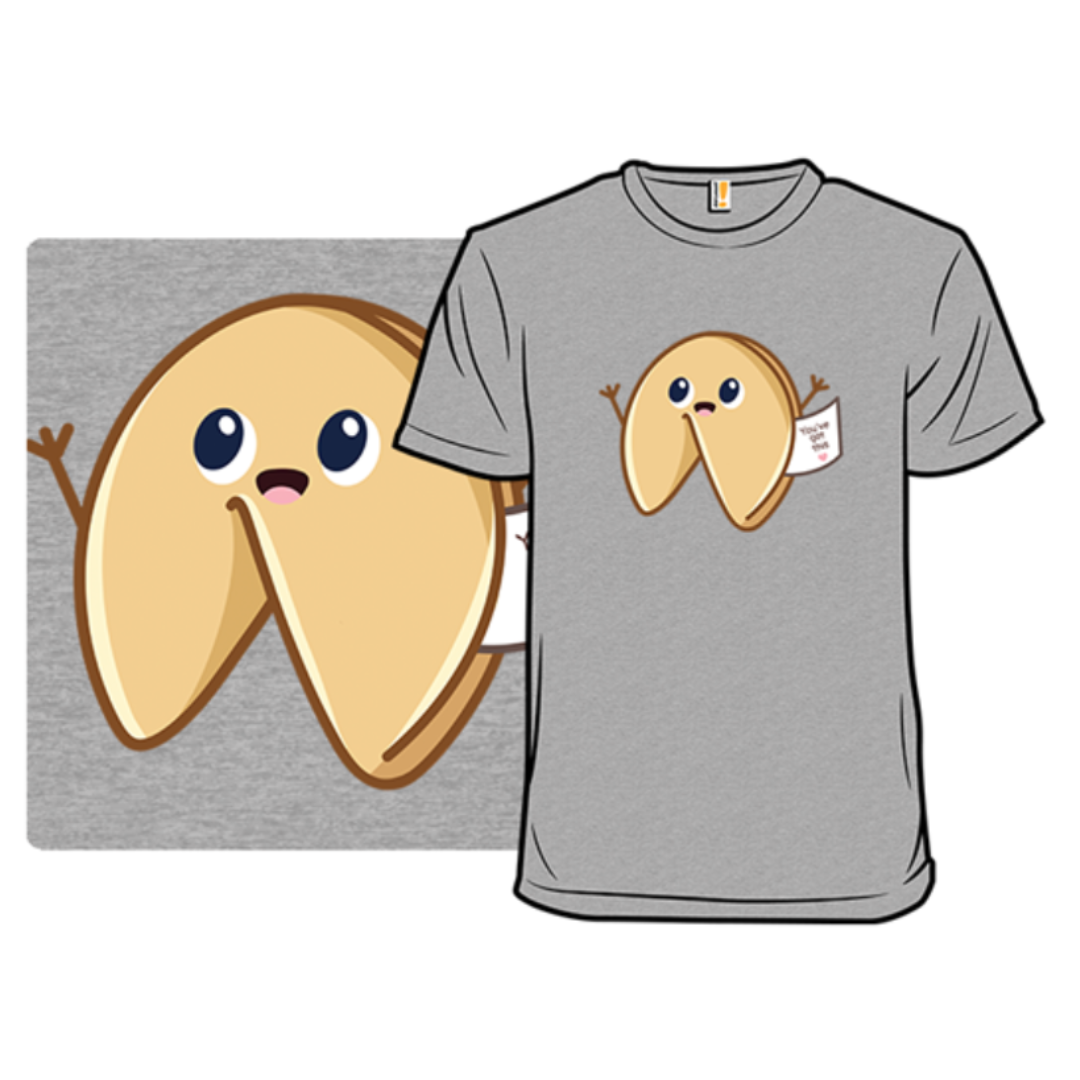 A gray T-shirt featuring a cute, cartoon-style fortune cookie with a happy face and a small paper fortune sticking out.