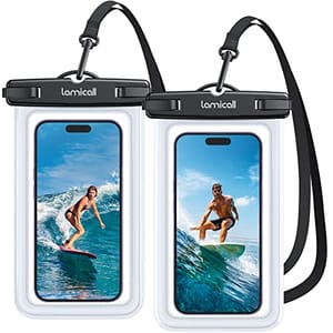 Two waterproof phone pouches with black straps hold smartphones displaying images of surfers.