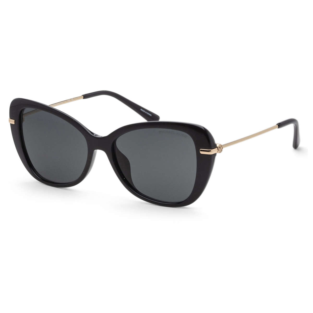 A pair of oversized black sunglasses with metal detailing on the temples.