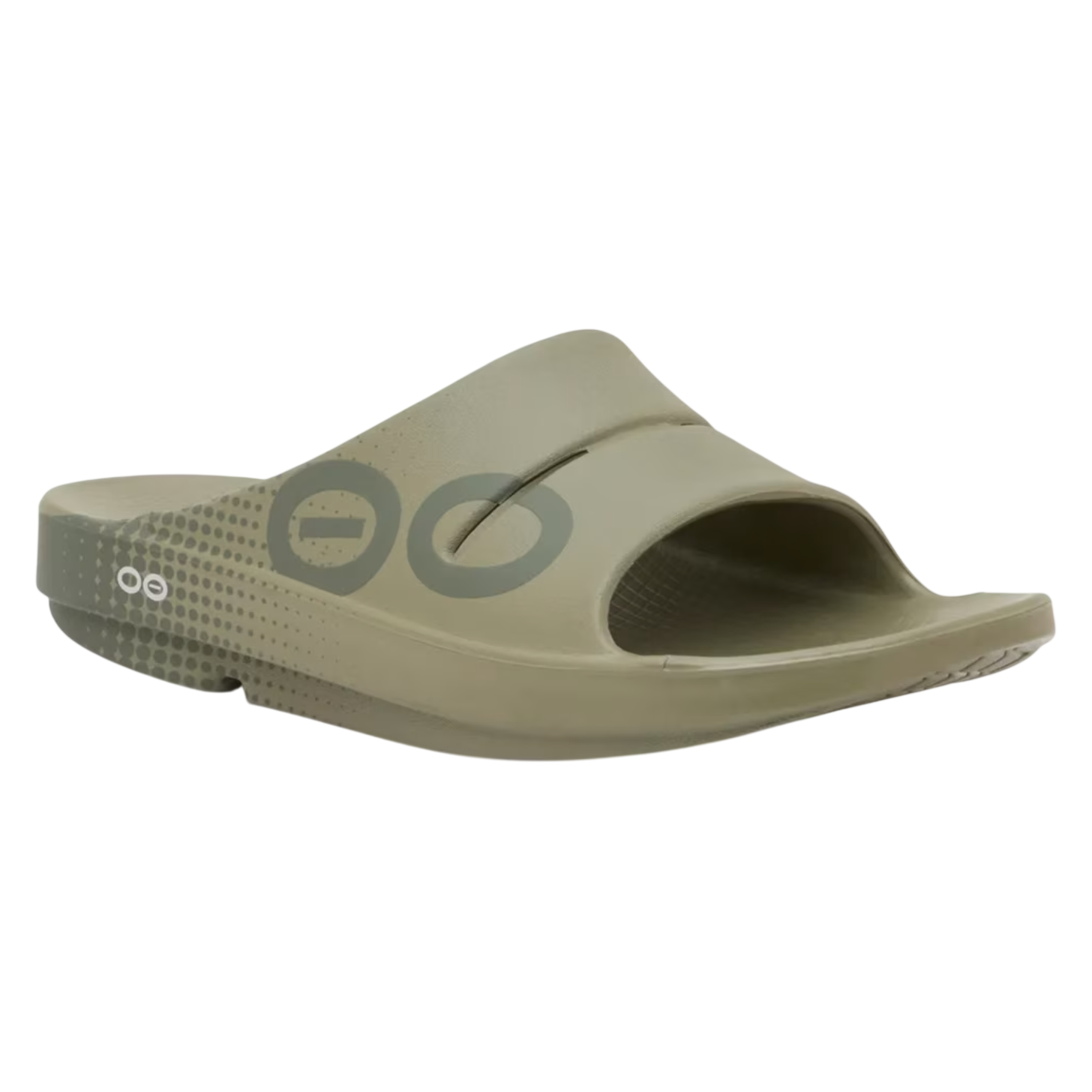 A khaki slide sandal featuring a single wide strap with circular perforations and a cushioned insole for comfort.