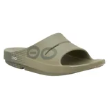 A khaki slide sandal featuring a single wide strap with circular perforations and a cushioned insole for comfort.