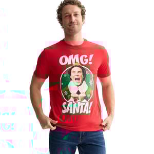A red T-shirt featuring a character from the movie \“Elf\“ with the text \“OMG! SANTA!\“ The design includes a festive image of a character expressing excitement about Santa.