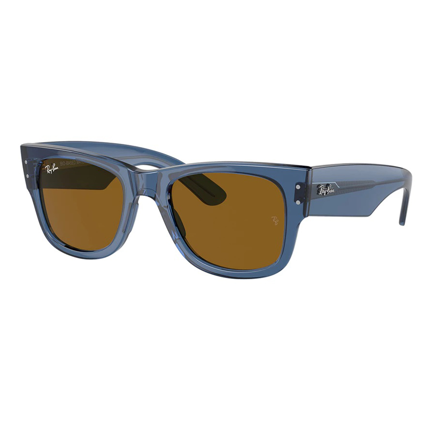 Ray-Ban Mega Wayfarer sunglasses feature a bold, square frame in translucent blue with brown lenses, showcasing the iconic Ray-Ban logo on the temples and lens.