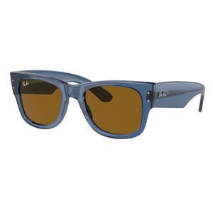 Ray-Ban Mega Wayfarer sunglasses feature a bold, square frame in translucent blue with brown lenses, showcasing the iconic Ray-Ban logo on the temples and lens.