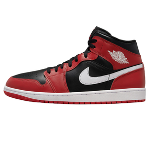 A Nike Air Jordan 1 sneaker in black and red with a white midsole and a Nike swoosh logo.