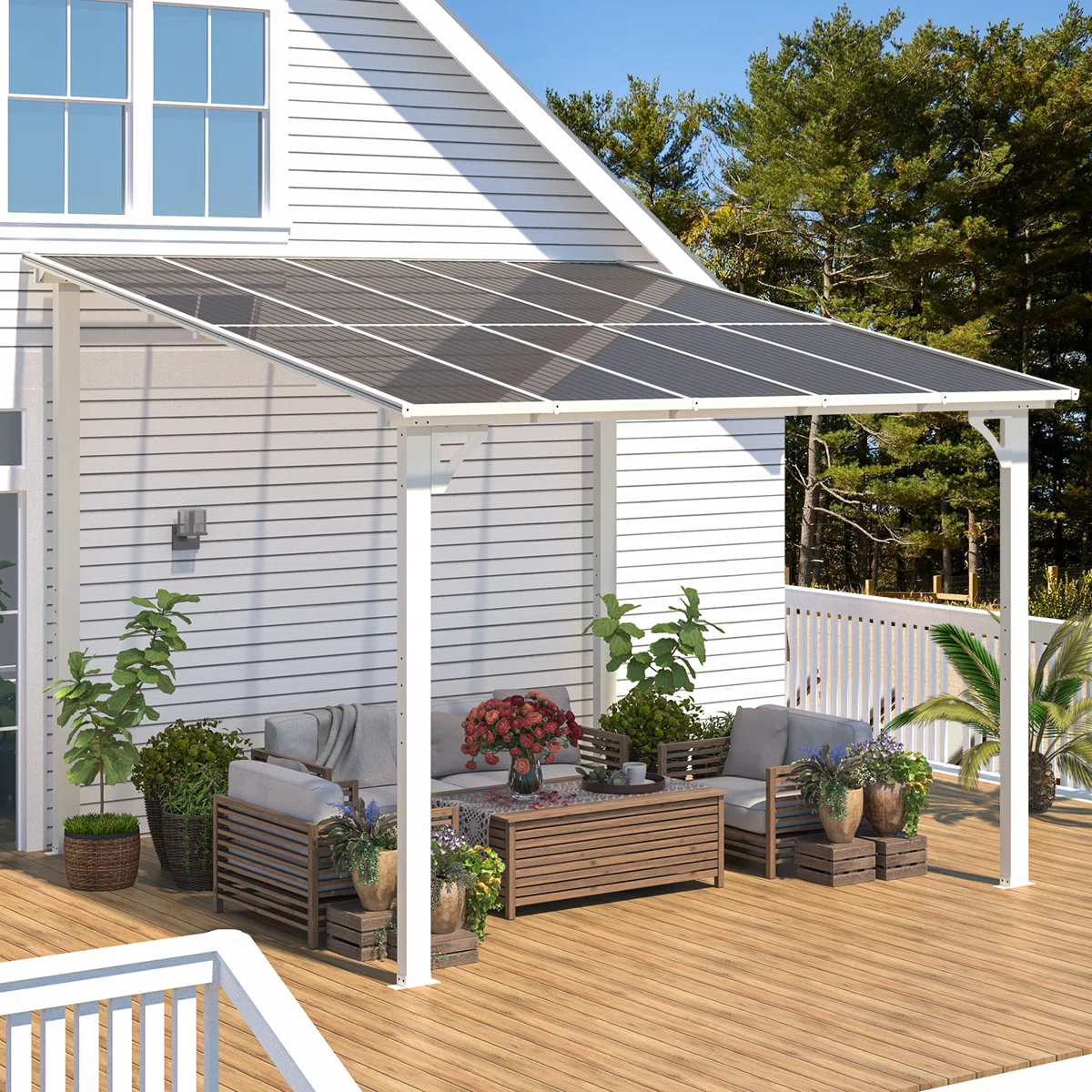 A patio awning with a pergola design and transparent panels provides shade for outdoor furniture, surrounded by potted plants on a wooden deck.