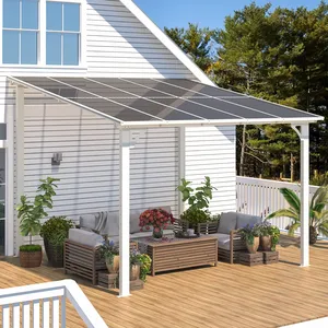 A patio awning with a pergola design and transparent panels provides shade for outdoor furniture, surrounded by potted plants on a wooden deck.