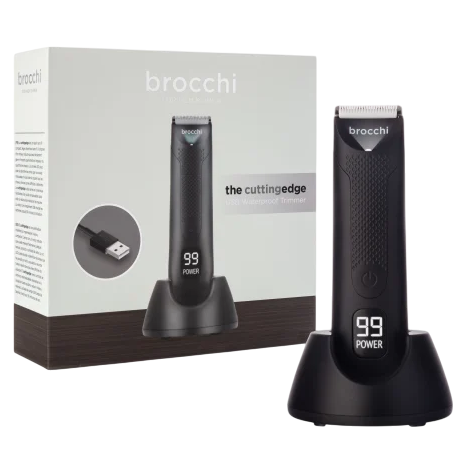 A Brocchi USB waterproof trimmer with digital power display is shown alongside its packaging.