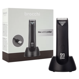 A Brocchi USB waterproof trimmer with digital power display is shown alongside its packaging.