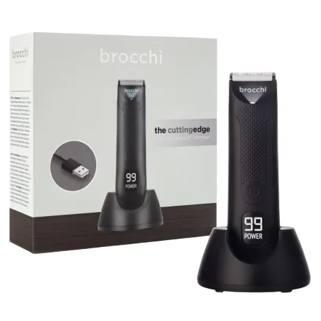 A Brocchi USB waterproof trimmer with digital power display is shown alongside its packaging.