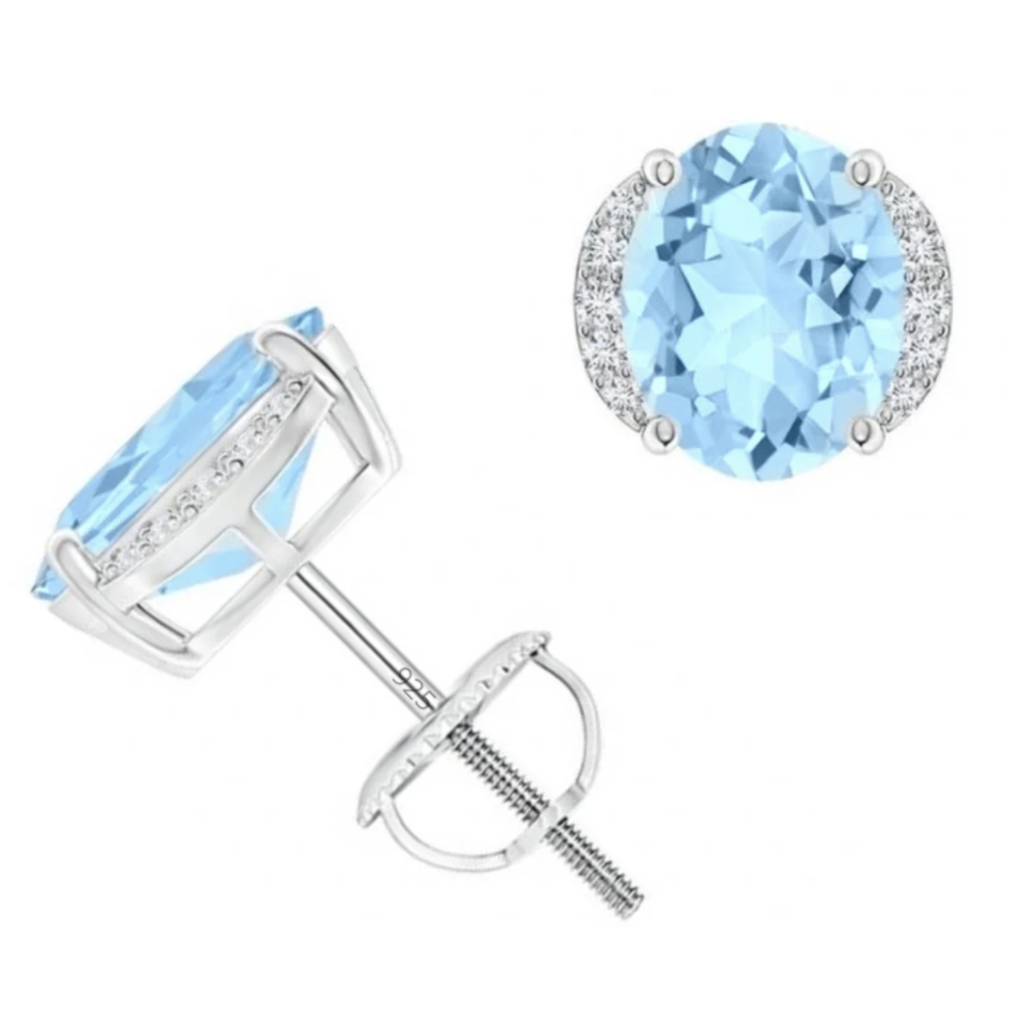 A pair of earrings featuring oval-cut lab-created blue topaz stones encircled by smaller clear stones in a silver-tone setting.