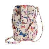 A small crossbody bag with a colorful butterfly pattern on a beige background features a snap closure and an adjustable strap.