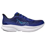 Blue Hoka running shoe with a mesh upper, large logo on the side, and a thick white sole designed for comfort and performance.
