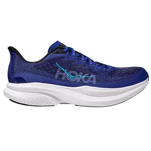 Blue Hoka running shoe with a mesh upper, large logo on the side, and a thick white sole designed for comfort and performance.