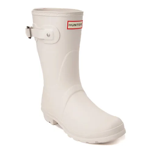 White rubber boot with an adjustable buckle at the top and a brand label.