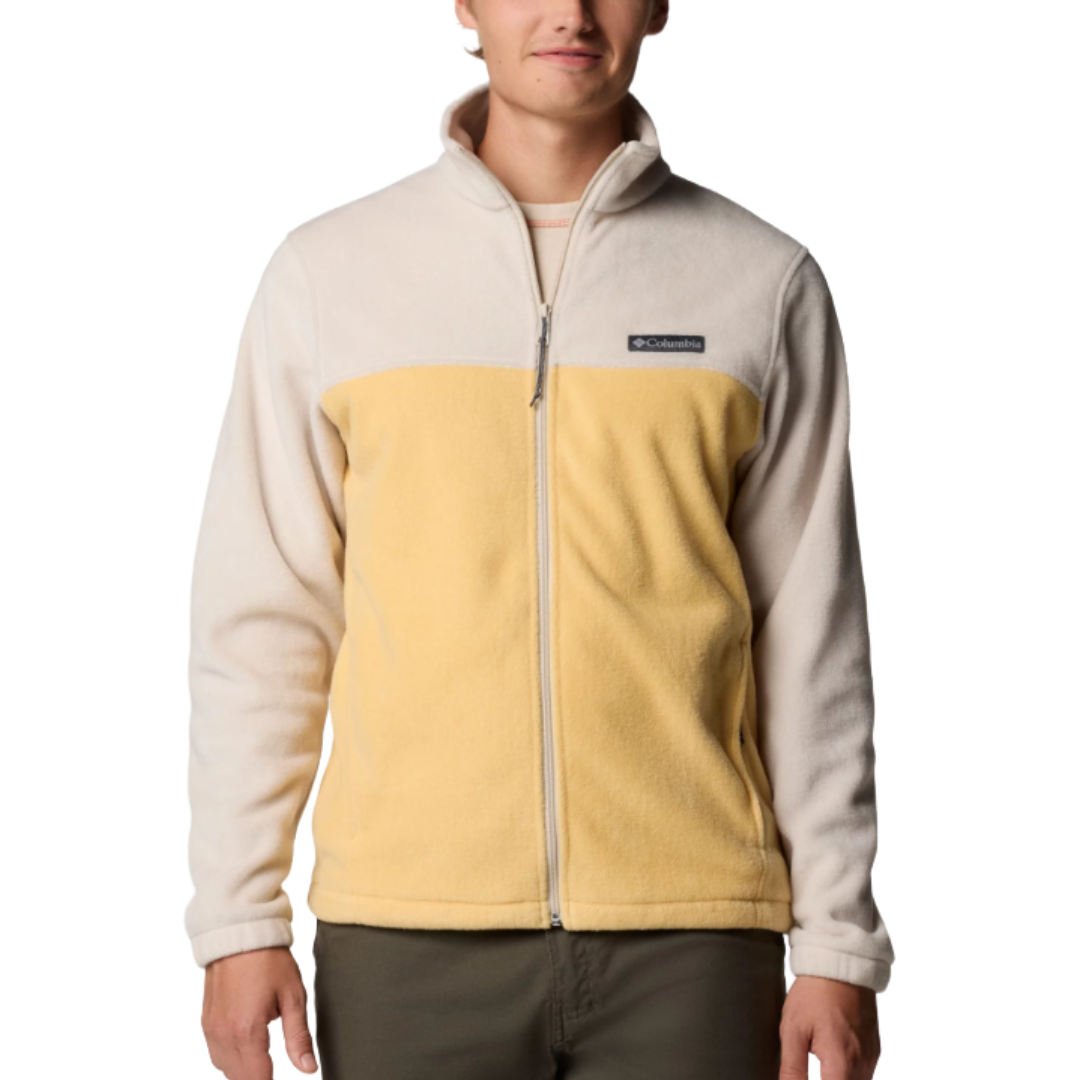 A two-tone full-zip fleece jacket with a light cream top and yellow bottom section, featuring the Columbia logo on the chest.