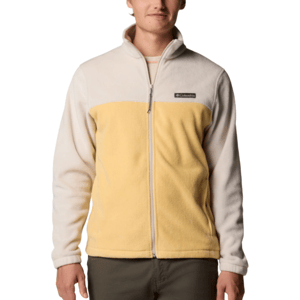 A two-tone full-zip fleece jacket with a light cream top and yellow bottom section, featuring the Columbia logo on the chest.
