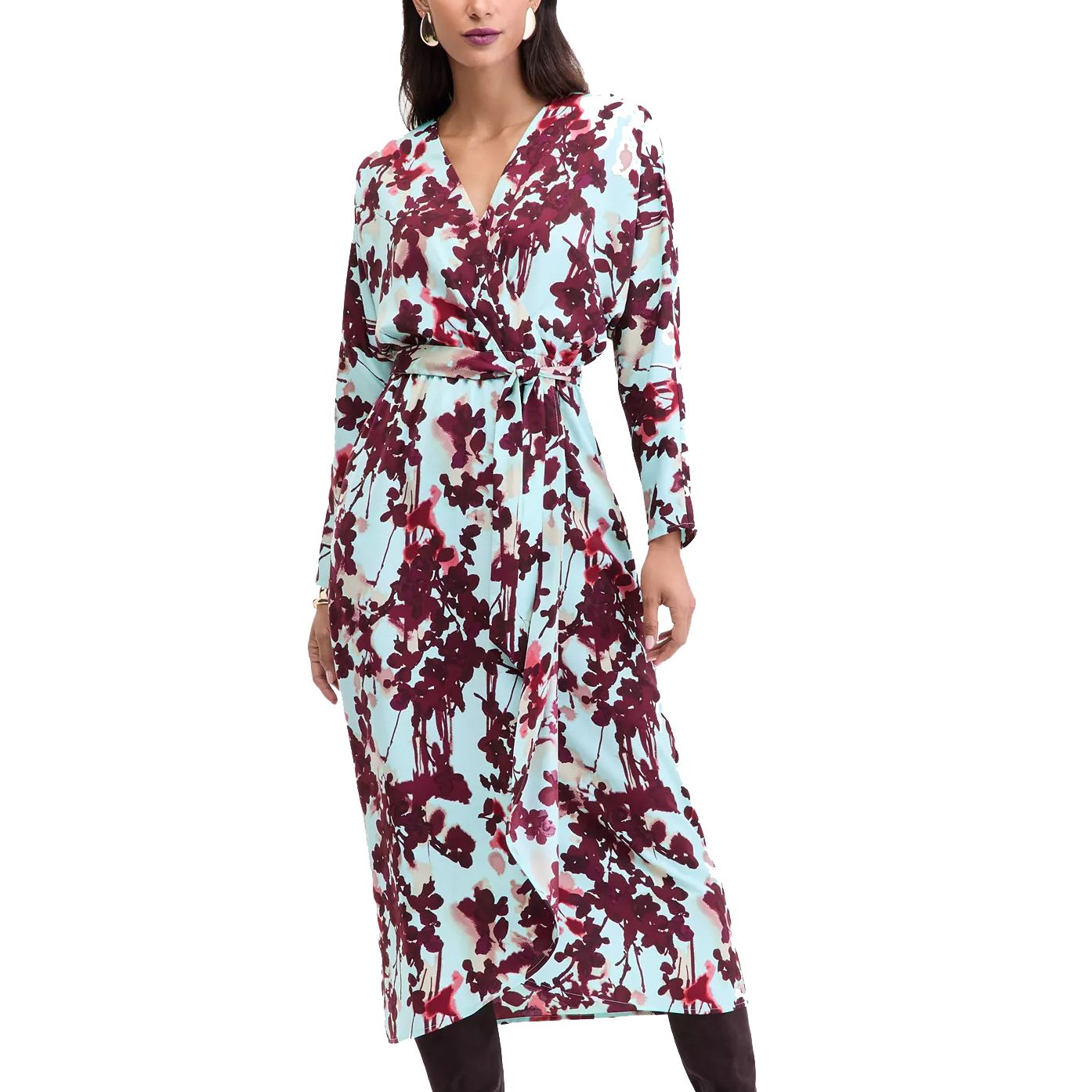 A long-sleeve wrap dress with a floral pattern featuring burgundy flowers on a light blue background, accessorized with a coordinating belt.
