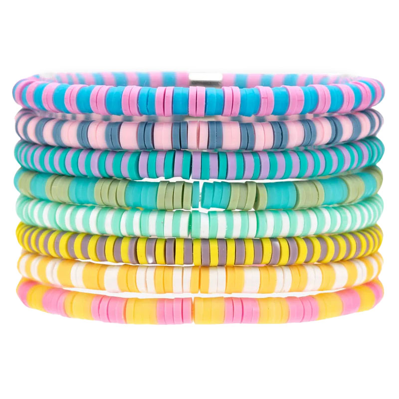 A set of eight vibrant, stackable bracelets made of flat, multicolored beads, featuring shades of blue, pink, green, yellow, and more, creating a playful and casual look.