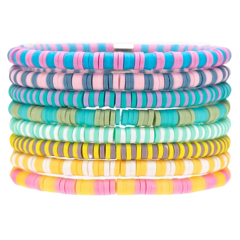 A set of eight vibrant, stackable bracelets made of flat, multicolored beads, featuring shades of blue, pink, green, yellow, and more, creating a playful and casual look.