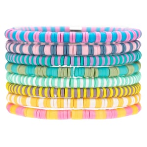 A set of eight vibrant, stackable bracelets made of flat, multicolored beads, featuring shades of blue, pink, green, yellow, and more, creating a playful and casual look.