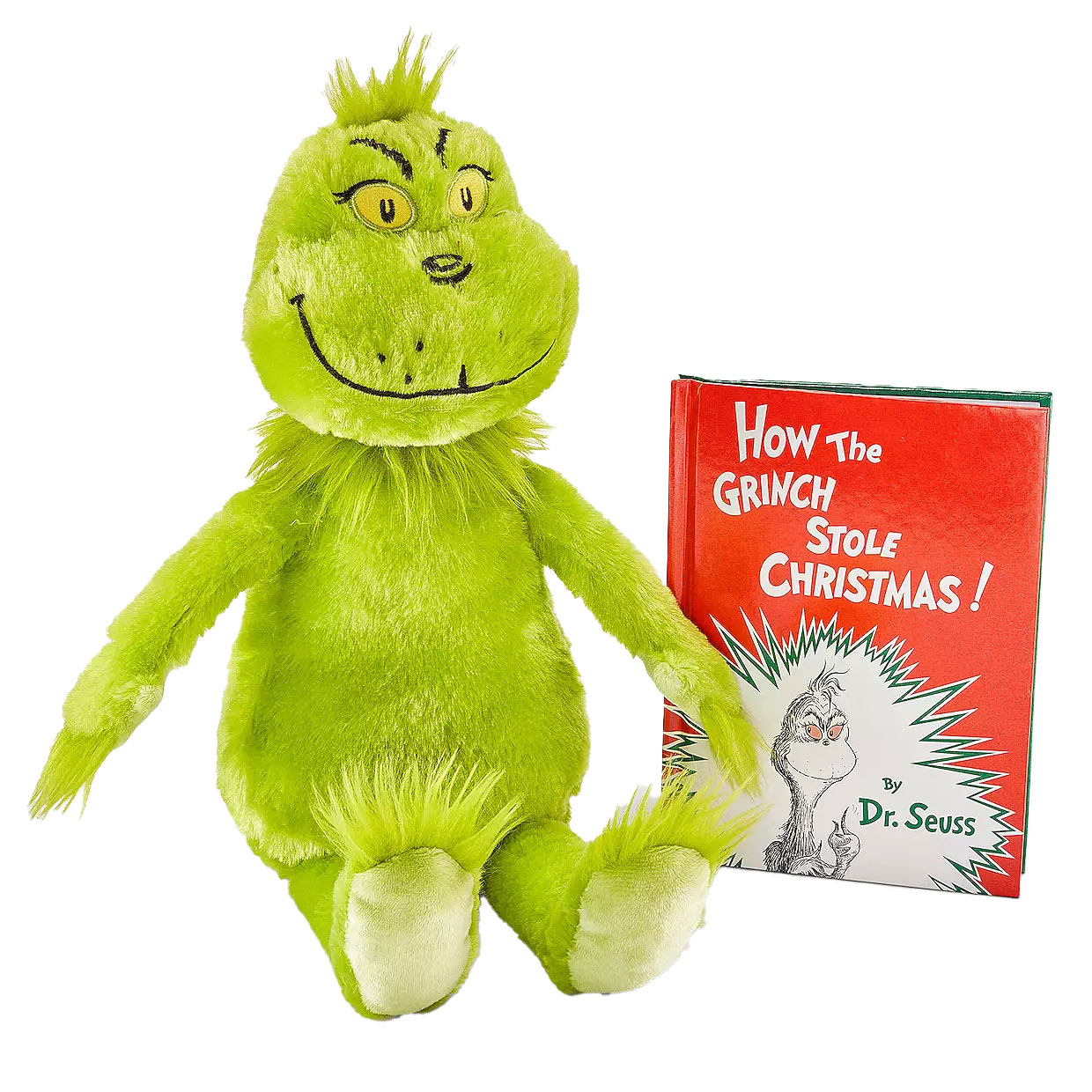 The set includes a plush Grinch toy and the book \“How The Grinch Stole Christmas\“ by Dr. Seuss, featuring the iconic story of the Grinch and his transformation. The plush is bright green with a mischievous grin.