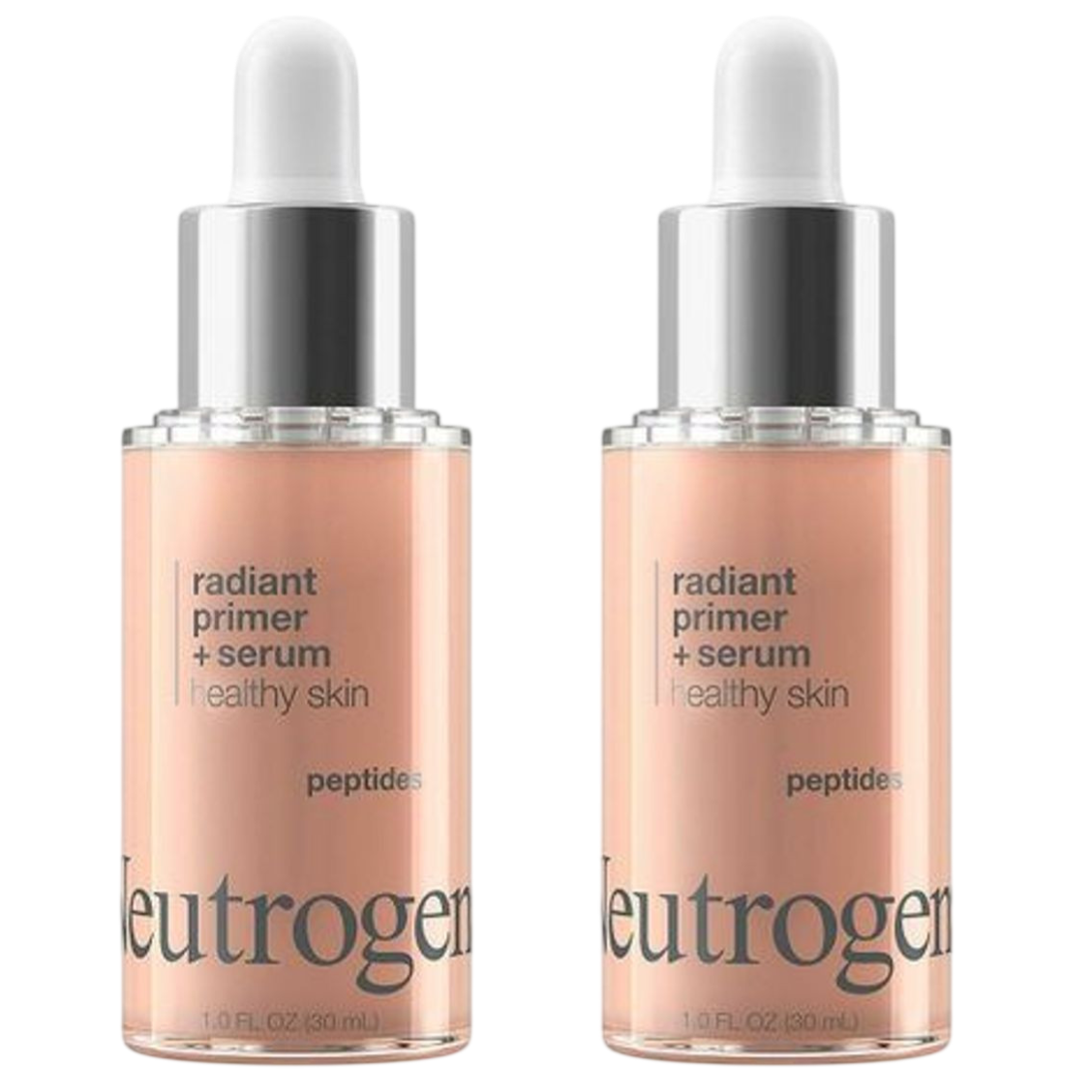 Neutrogena Radiant Primer + Serum with peptides for healthy skin, 1.0 FL OZ (30 mL) each, presented in a glass bottle with a dropper lid.
