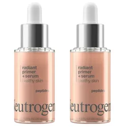 Neutrogena Radiant Primer + Serum with peptides for healthy skin, 1.0 FL OZ (30 mL) each, presented in a glass bottle with a dropper lid.