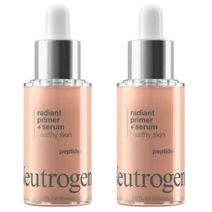 Neutrogena Radiant Primer + Serum with peptides for healthy skin, 1.0 FL OZ (30 mL) each, presented in a glass bottle with a dropper lid.