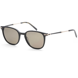 Black sunglasses with square frames and thin metal arms, featuring dark tinted lenses.
